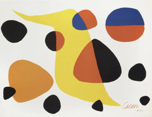 Alexander Calder Untitled color lithograph with abstract red, yellow, black, orange, and blue organic shapes on white background. Alexander Calder Untitled color lithograph with abstract red, yellow, black, orange, and blue organic shapes on white background.