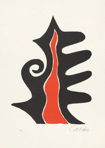 Alexander Calder lithograph Untitled (c. 1970), bold black and red biomorphic form with spiral, hand-signed on wove paper.