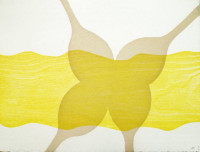 Alison Wilding's Beach Fork, 2010, limited edition woodcut and aquatint with overlapping yellow and beige forked shapes on a soft background.