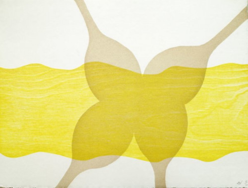 Alison Wilding's Beach Fork, 2010, limited edition woodcut and aquatint with overlapping yellow and beige forked shapes on a soft background.