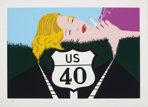 Allan D’Arcangelo Smoke Dreams screenprint with US Route 40 sign, reclining blonde woman smoking, vivid Pop Art colors.