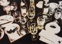 Andy Warhol After the Party screenprint showing cluttered table with glasses, bottles, plates, and napkins in vivid Pop Art style