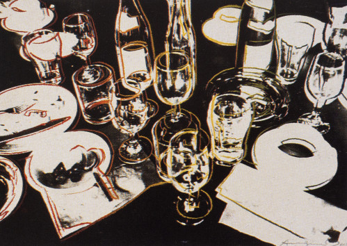 Andy Warhol After the Party screenprint showing cluttered table with glasses, bottles, plates, and napkins in vivid Pop Art style