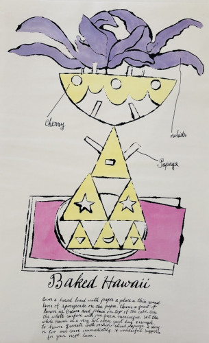 Andy Warhol Baked Hawaii offset lithograph of stylized dessert with hand-colored papaya, orchids, and handwritten recipe below. 