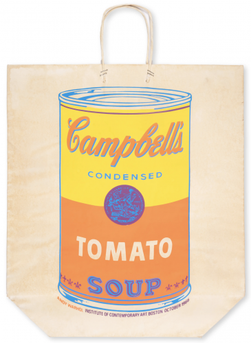 Andy Warhol Campbell's Soup Can Tomato screenprint in bright colors on paper shopping bag with text and soup can graphic.