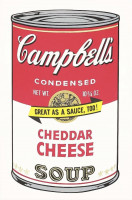 Andy Warhol Cheddar Cheese screenprint with Campbell’s soup can label in red, white, and black with marketing slogan