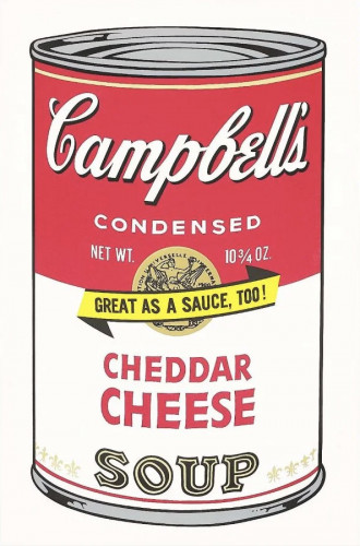 Andy Warhol Cheddar Cheese screenprint with Campbell’s soup can label in red, white, and black with marketing slogan