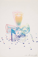 Andy Warhol screenprint of colorful overlapping champagne glasses, confetti, and “committee 2000” text in pastel tones on white background.
