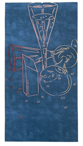 Andy Warhol Committee 2000 screenprint of champagne glasses and party favors outlined in pastel on a deep blue background. 