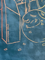 Andy Warhol Committee 2000 screenprint of champagne glasses and party favors outlined in pastel on a deep blue background. 