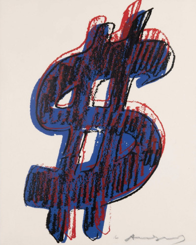 Andy Warhol Dollar Sign screenprint with sketchy red, blue, and black strokes on light background, edition of 60. 