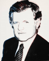 Andy Warhol Edward Kennedy screenprint with red and blue outlines, black suit, and diamond dust on white background