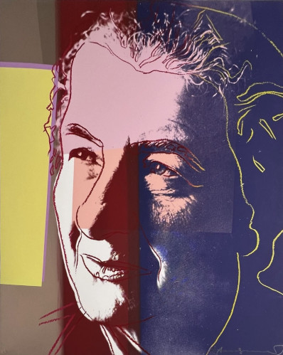Andy Warhol Golda Meir screenprint with vivid colors and layered portrait featuring bold outlines and color-blocked background.