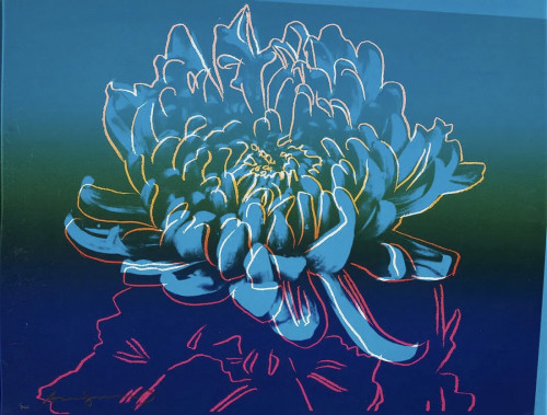 Andy Warhol screenprint Kiku shows a blue chrysanthemum with orange-pink outlines on a green to blue gradient background.