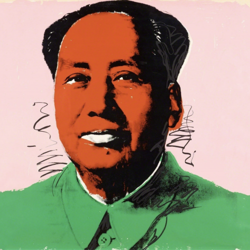 Portrait of Mao Zedong in Warhol’s Pop Art style with red-orange face, green suit, pink background, and black hand-drawn lines.