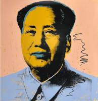 Andy Warhol Mao screen print showing Mao Zedong’s portrait in bold yellow and black with pink and blue Pop Art background