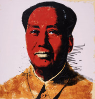 Andy Warhol Mao screenprint with red face, black hair, and expressive brush strokes on white background with orange clothing.