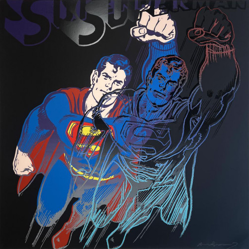 Andy Warhol Myths Superman screenprint with flying Superman in color and ghostly outline over black background with diamond dust