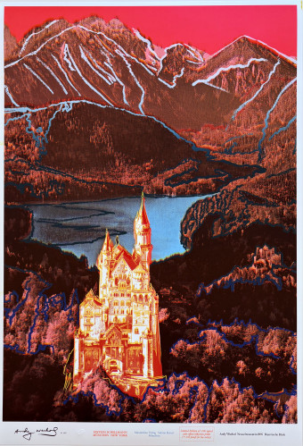 Andy Warhol Neuschwanstein serigraph of Bavarian castle with red mountains, blue lake, and bold graphic pop-art color treatment. 