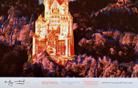 Andy Warhol Neuschwanstein serigraph of Bavarian castle with red mountains, blue lake, and bold graphic pop-art color treatment. 
