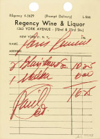 Andy Warhol Paris Review screenprint mimicking liquor store receipt with red handwriting on cream paper with die-cut holes 