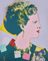 A vibrant screenprint by Andy Warhol of Queen Margrethe II of Denmark, portrayed in profile with colorful accents and sparkling diamond dust embellishments.