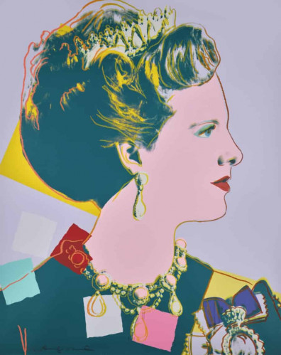 A vibrant screenprint by Andy Warhol of Queen Margrethe II of Denmark, portrayed in profile with colorful accents and sparkling diamond dust embellishments.