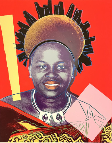 Andy Warhol screenprint of Queen Ntombi Twala in vivid red background with halo and traditional attire in bold Pop Art style. 