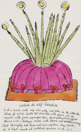 Andy Warhol Salade de alf Landon lithograph with hand-coloring featuring whimsical jelly mold with asparagus and egg decoration