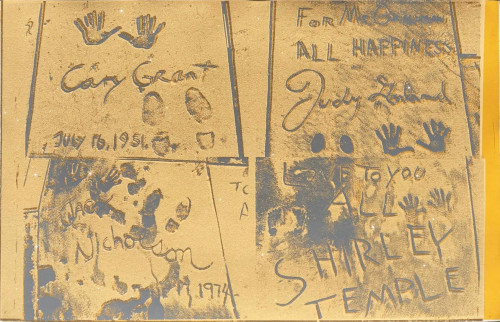 Andy Warhol Sidewalk II.304 screenprint with Hollywood handprints and signatures, including Cary Grant and Shirley Temple, on gold with diamond dust. 