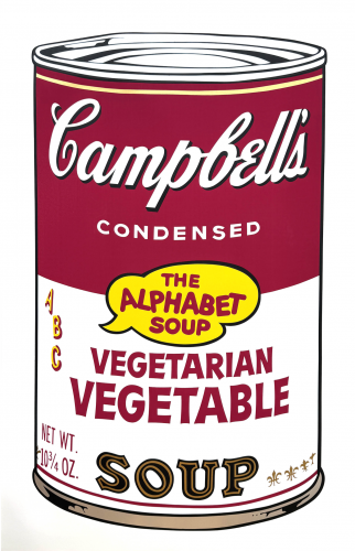 Andy Warhol Vegetarian Vegetable screenprint showing Campbell’s soup can with playful alphabet design and bold red and white label. 