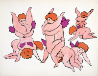 Andy Warhol’s In the Bottom of My Garden lithograph with watercolor depicting playful pink cherubic figures in intertwined poses.