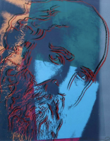 Andy Warhol’s Martin Buber, screenprint, shows a pop art portrait of the Jewish philosopher with bold colors of blue, red, and orange.