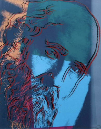 Andy Warhol’s Martin Buber, screenprint, shows a pop art portrait of the Jewish philosopher with bold colors of blue, red, and orange.