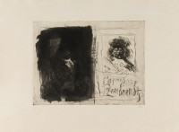 Antoni Clavé's D'après Rembrandt I-I etching and aquatint, abstract homage to Rembrandt with dark shadows and sketchy lines.
