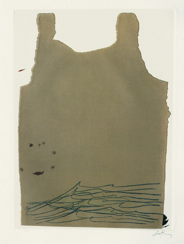Antoni Tàpies Aparicions-6 etching with brown abstract form, blue wave-like lines, and small red mark on white background.