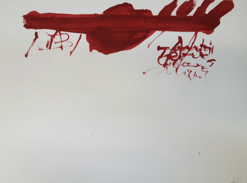 Antoni Tàpies Clau-13 lithograph with bold red horizontal stroke and gestural text on a white background.