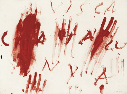 Antoni Tàpies Visca Catalunya etching with bold red strokes, handprint-like marks, and partially obscured Catalan phrase.          Sources