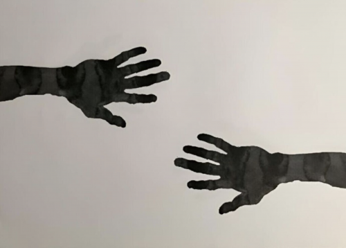 Antony Gormley Hands lithograph showing two dark hands reaching toward each other on white background, edition of 2000.  
