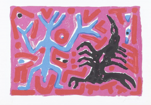 A.R. Penck Skorpion – Scorpio silkscreen showing blue figure and black scorpion amid red symbols on pink background, edition of 10. 
