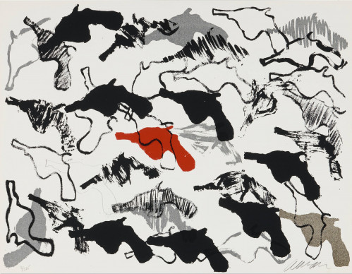 Arman Fernandez's Boom Boom, screen-print, overlapping black gun silhouettes with a central red handgun, exploring violence and consumerism.