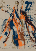 Arman Grey Mood Variation screenprint with gestural blue, orange, and brown violin forms layered over a grey background