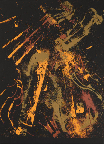 Arman Romanticism in Gold screenprint with gold and orange strokes on black featuring fragmented violin forms.