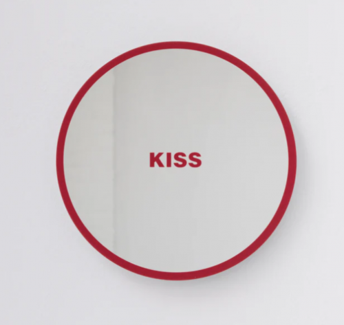Barbara Kruger Untitled 2Kiss 2024 silkscreen on mirrored steel with red text KISS centered in circular reflective surface edition of 300