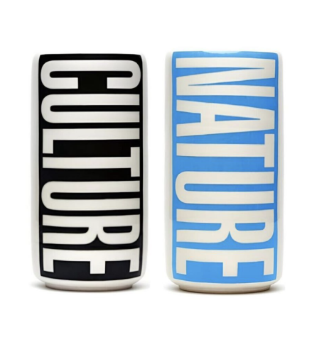 Barbara Kruger Untitled Vase 2020 glazed stoneware with CULTURE and NATURE text in bold font, cylindrical form, edition of 100. 