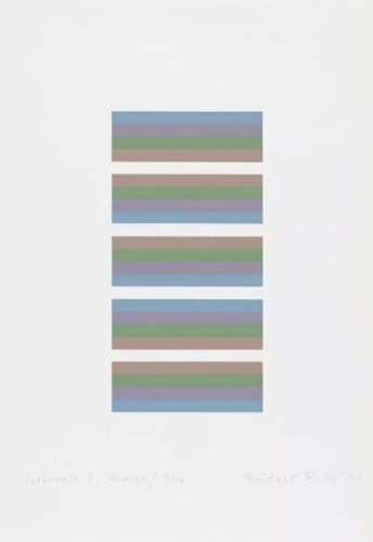 Bridget Riley Intervals 3 screenprint with five horizontal stacks of colored stripes on white background, edition of 75.  