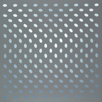 Bridget Riley Nineteen Greys A screenprint with rows of grey ellipses forming optical wave patterns on dark grey background. 