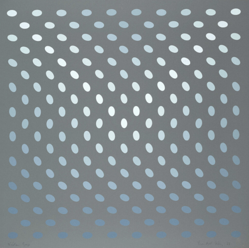 Bridget Riley Nineteen Greys A screenprint with rows of grey ellipses forming optical wave patterns on dark grey background. 