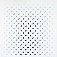 Bridget Riley Nineteen Greys C screenprint of black-to-beige ellipses creating optical wave effect on white background.