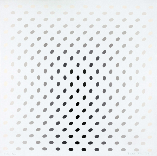 Bridget Riley Nineteen Greys C screenprint of black-to-beige ellipses creating optical wave effect on white background.